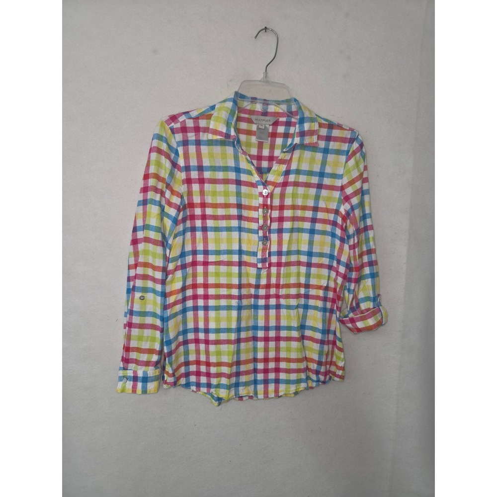 Multiples Plaid Button Up Shirt Mens XS Multicolor Rainbow Linen Blend Roll Tab